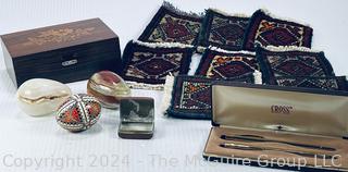 Wooden Inlaid Box with Buttons, Marble Stone Eggs, Cross Pencil Set & Persian Rug Coasters