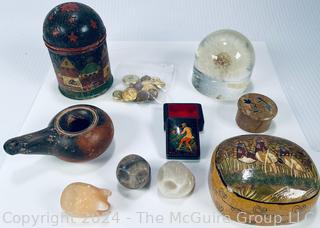 Marble Carved Owls & Pig, Lacquer Boxes, Acrylic Dandelion Paperweight and Ceramic Oil Lamp