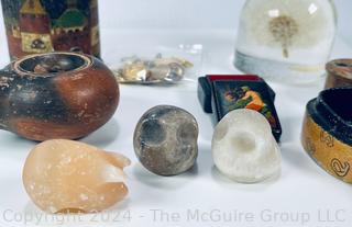 Marble Carved Owls & Pig, Lacquer Boxes, Acrylic Dandelion Paperweight and Ceramic Oil Lamp