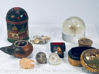 Marble Carved Owls & Pig, Lacquer Boxes, Acrylic Dandelion Paperweight and Ceramic Oil Lamp