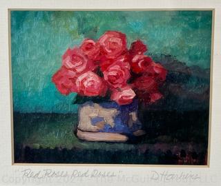 Framed Under Glass Original Oil of Red Roses by D. Harkins. Frame measures 16 x 18"