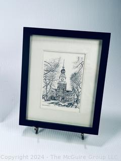 Two (2) Framed Under Glass Prints of Independence Hall and Liberty Bell with 1976 Postmarked Stamp.  9" x 11"