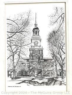 Two (2) Framed Under Glass Prints of Independence Hall and Liberty Bell with 1976 Postmarked Stamp.  9" x 11"