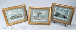 Three (3) Small Framed Under Glass Prints of Paris Scenes  9" x 11"