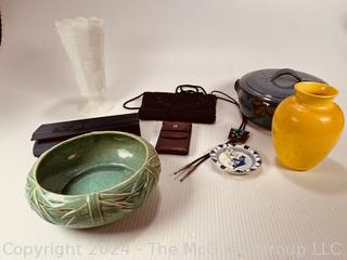 Decorative Items Including McCoy Pot, Yellow Vase, Beaded Handbags, Delft Plate, Bolo Tie, Etc.