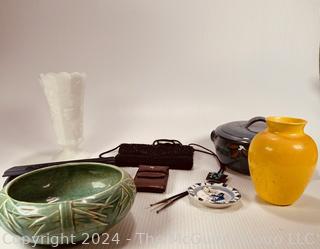 Decorative Items Including McCoy Pot, Yellow Vase, Beaded Handbags, Delft Plate, Bolo Tie, Etc.