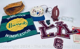 Baseball Glove, Football Phone, Letterman Jacket Appliques, Olympic Hat and Wimbledon Flag