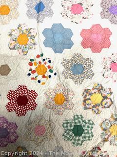 Hand Stitched Flour Sack Grandmother's Flower Garden Pattern Quilt.  80" x 76"