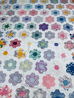 Hand Stitched Flour Sack Grandmother's Flower Garden Pattern Quilt.  80" x 76"