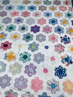 Hand Stitched Flour Sack Grandmother's Flower Garden Pattern Quilt.  80" x 76"