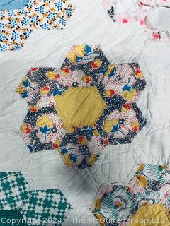 Hand Stitched Flour Sack Grandmother's Flower Garden Pattern Quilt.  80" x 76"