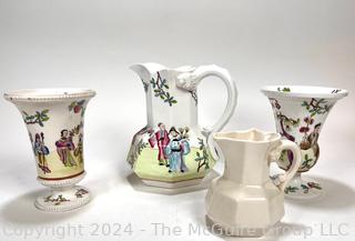 Four (4) Hand Painted Porcelain Pitchers and Vases, Including Spode Felspar c1825,  Posy Vase,  Small Hydra Jug 3644,  Posy Vase 3644, and Mason's pitcher