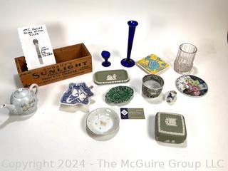 Decorative Items Including Green Wedgwood Jasperware, Blue Glass Eye Wash Cup, Mottahedeh Porcelain Dish, Crate Etc