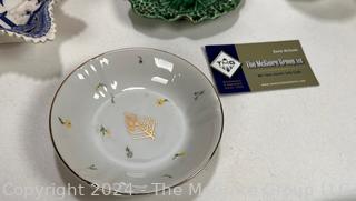 Decorative Items Including Green Wedgwood Jasperware, Blue Glass Eye Wash Cup, Mottahedeh Porcelain Dish, Crate Etc