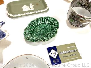 Decorative Items Including Green Wedgwood Jasperware, Blue Glass Eye Wash Cup, Mottahedeh Porcelain Dish, Crate Etc