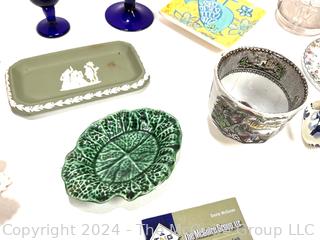 Decorative Items Including Green Wedgwood Jasperware, Blue Glass Eye Wash Cup, Mottahedeh Porcelain Dish, Crate Etc