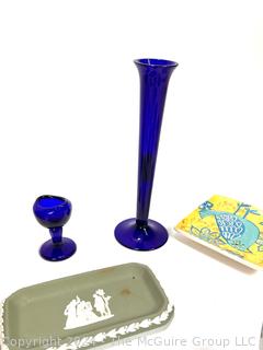 Decorative Items Including Green Wedgwood Jasperware, Blue Glass Eye Wash Cup, Mottahedeh Porcelain Dish, Crate Etc