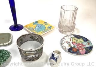 Decorative Items Including Green Wedgwood Jasperware, Blue Glass Eye Wash Cup, Mottahedeh Porcelain Dish, Crate Etc