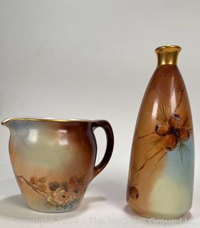 Hand Painted Porcelain Vase and Creamer, One with Personal Inscription and Date