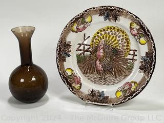 11” Ironstone King Tom Thanksgiving Turkey Plate and Amber Colored Glass Vase