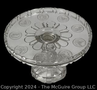 1890's Fostoria Clear American Coin Glass Cake Stand Plate Crimped Edge,  10"T. This was molded with real US coins until the U.S. Government made it illegal