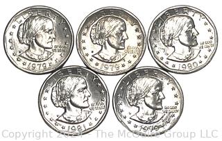 Five (5) Susan B. Anthony One Dollar Coins. 3-1979, 1-1980 & 1-1981