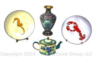 Four (4) Enamel Painted Items Including Cloisonne Vase. 