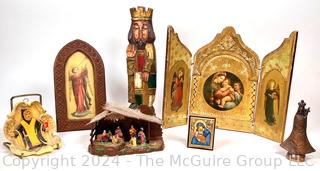 Group of Religious Iconography Including Icon, Florentine Tryptic and Wax Plaque