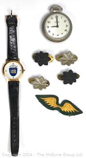 Westclox Bulls Eye Mechanical Pocket Watch, Lt. Colonel Rank Insignia, 100th ID Commemorative Watch and Military Patch Yellow Wings.