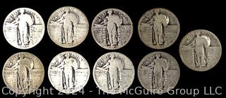 Nine (9) Coin Lot US Silver Standing Liberty Quarter Dollars  