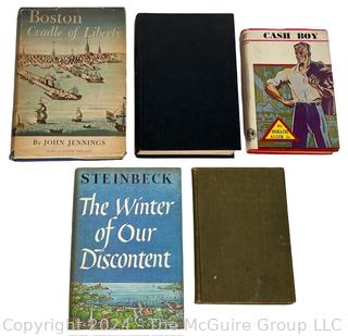 Five (5) Books Including Desiree by Annemarie Selinko, The Cash Boy by Horatio Alger, The Winter Of Our Discontent by John Steinbeck, Boston: Cradle Of Liberty by John Jennings 1st Edition 1st Printing & Solid Geometry by C.A. Hart 1912 