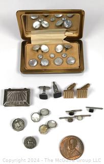 Art Deco Men's Cuff-links, Sewing Merit Pins (Du Barry Patterns) and Lyndon B Johnson Inaugurated President Bronze Medal Coin 1965