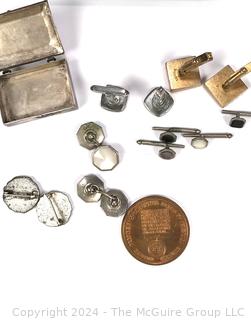 Art Deco Men's Cuff-links, Sewing Merit Pins (Du Barry Patterns) and Lyndon B Johnson Inaugurated President Bronze Medal Coin 1965