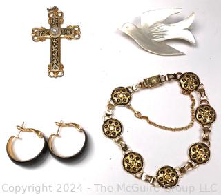 Jewelry Including Mother of Pearl Bird Brooch and Damascene Bracelet and Pendant