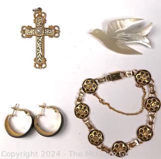 Jewelry Including Mother of Pearl Bird Brooch and Damascene Bracelet and Pendant