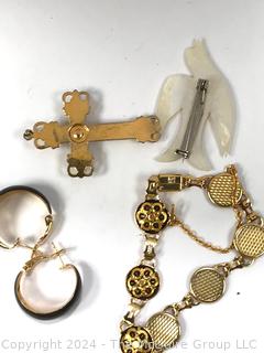 Jewelry Including Mother of Pearl Bird Brooch and Damascene Bracelet and Pendant