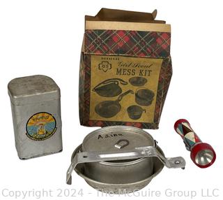 Official Girl Scouts All Aluminum Mess Kit in Original Box with Brownie Flashlight and Primus Camp Stove