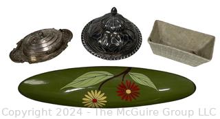 Silver Plated Covered Dishes, Pottery Planter and Lacquerware Tray