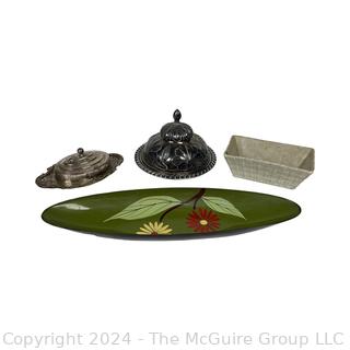 Silver Plated Covered Dishes, Pottery Planter and Lacquerware Tray