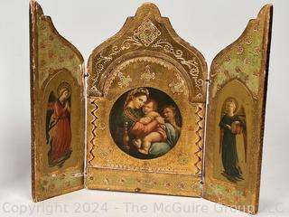 Group of Religious Iconography Including Icon, Florentine Tryptic and Wax Plaque