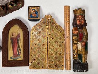 Group of Religious Iconography Including Icon, Florentine Tryptic and Wax Plaque