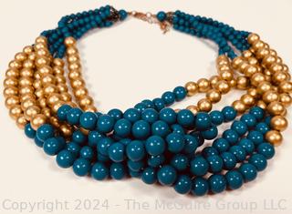 Blue and Gold Multi Strand Twist Bead Necklace