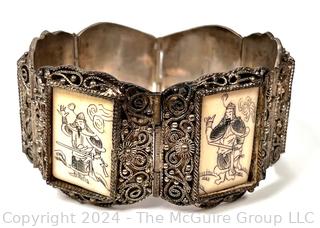 Chinese Scrimshaw Ox Bone Panel Bracelet 