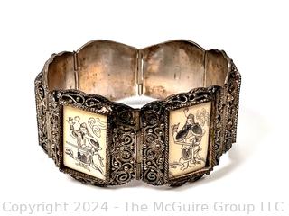 Chinese Scrimshaw Ox Bone Panel Bracelet 