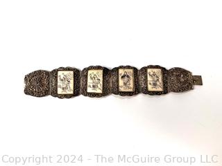 Chinese Scrimshaw Ox Bone Panel Bracelet 