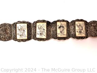 Chinese Scrimshaw Ox Bone Panel Bracelet 