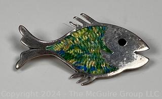 Sterling Silver Guilloche Enamel Fish Brooch Signed by Jeronimo Fuentes, Mexico.  4 grams