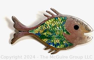 Sterling Silver Guilloche Enamel Fish Brooch Signed by Jeronimo Fuentes, Mexico.  4 grams