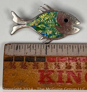 Sterling Silver Guilloche Enamel Fish Brooch Signed by Jeronimo Fuentes, Mexico.  4 grams