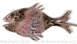 Sterling Silver Guilloche Enamel Fish Brooch Signed by Jeronimo Fuentes, Mexico.  4 grams